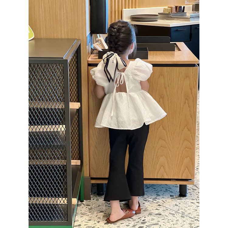 [Hàng Có Sẵn Ngay Lập Phương Set Áo Sơ Mi Cotton Trơn Dáng Rộng + Quần Ống Loe Thời Trang Mùa Hè Phong Cách Hàn Quốc Cho Bé Gái