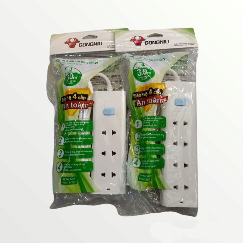 Ổ Cắm Điện nối dài Gongniu 3 lỗ 4 Ổ 1 Công Tắc 2500W dây dài 3m – Trắng – Chính Hãng – V1040