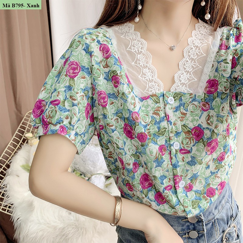 B795- Áo hoa cổ phối ren