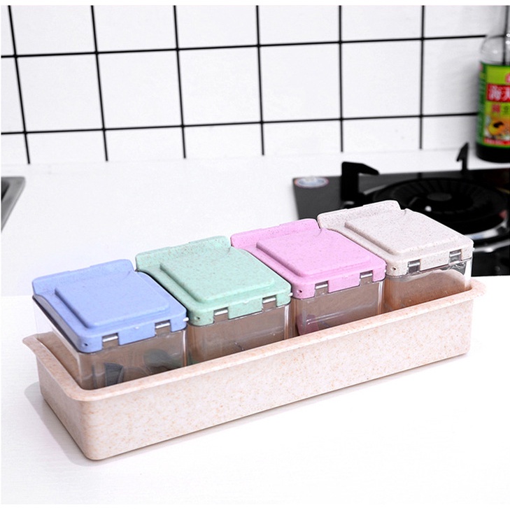 Set 4 Hũ Đựng Gia Vị Đẹp Có Kèm Thìa, muỗng Nhựa lúa mạch - Lọ Đựng gia vị nhà bếp thông minh