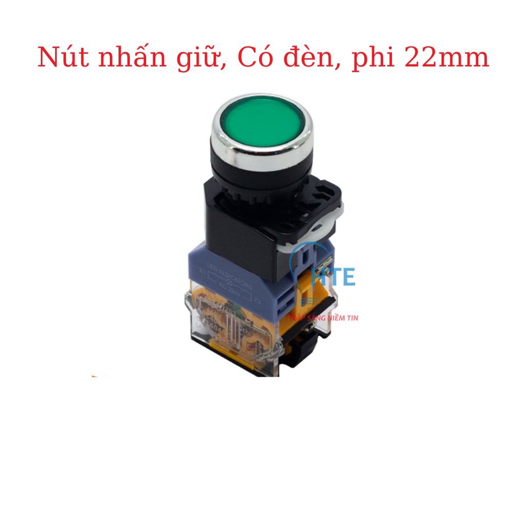 Nút Nhấn Giữ Có Đèn Màu Xanh Phi 22mm, 220V, Nút Nhấn Giữ Có Đèn Tủ Điện