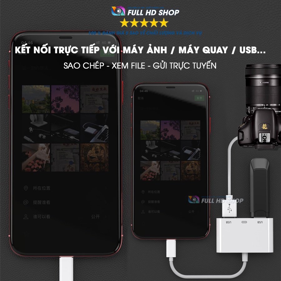 Bộ chuyển đổi lightning sang usb - Otg lightning chia cổng USB cho iphone ipad tích hợp cổng sạc - Full HD Shop