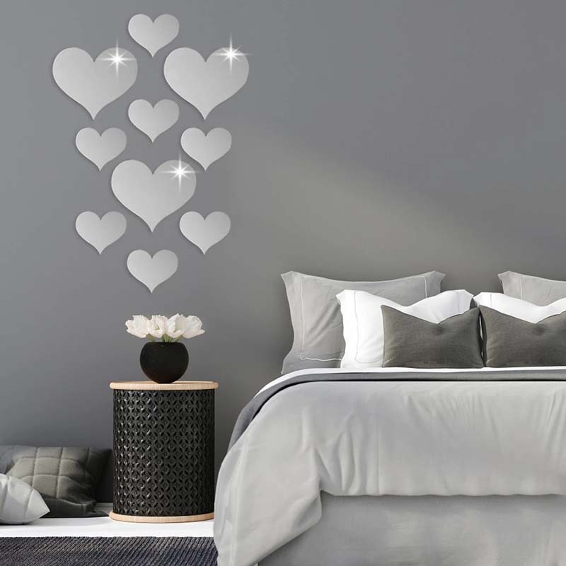 Bộ 10 miếng acrylic dán tường trang trí nội thất hình trái tim 3D DIY