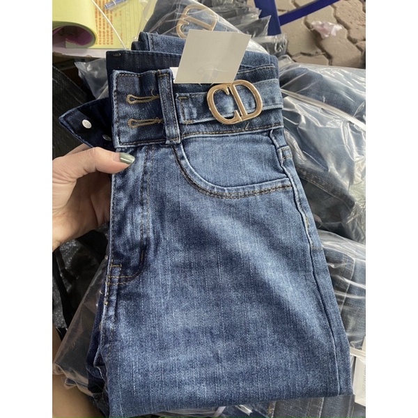 Quần jeans 2 cúc dáng ôm lưng siêu cao hoạ tiết cạp kèm ảnh thật