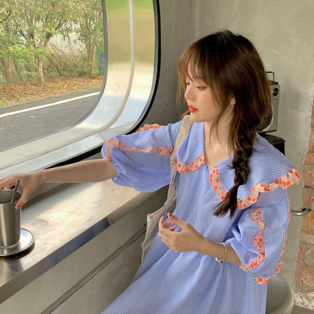 Đầm  caro cổ tiểu thư babydoll Korea
