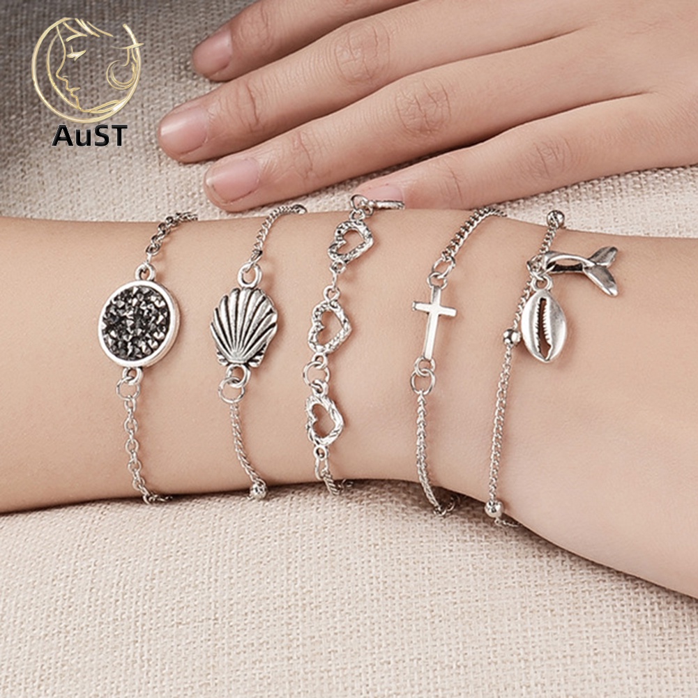 ausbl_5Pcs Heart Cross Shell Bangle Chain Beach Bracelet Wristband Women Party Jewelry