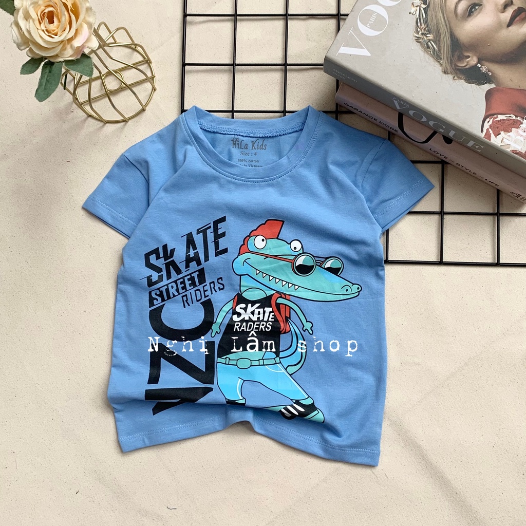 Áo thun ngắn tay bé trai in hình cá sấu chất liệu thun cotton 100% co giản 4 chiều mềm mịn mát cho bé từ 8-36 kg