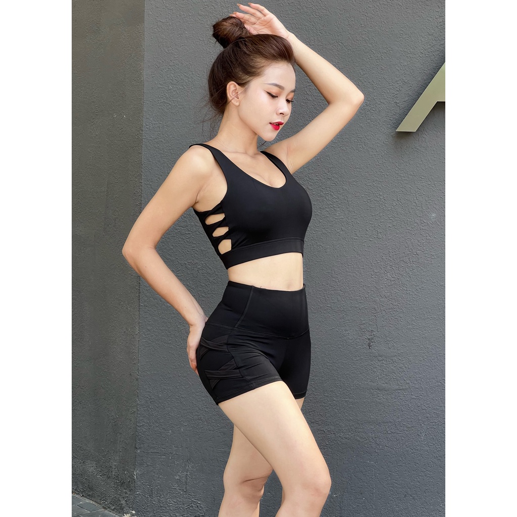Bộ Quần Áo Tập Gym, Aerobic Quần Đùi Áo Bra Xoắn Eo Chất Thun Co Dãn Tốt (Sẵn mút)