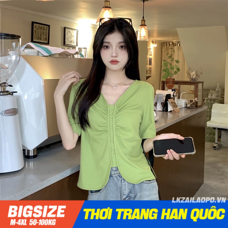 Áo thun Bigsize Áo kiểu nữ form rộng tay ngắn cổ chữ v trơn mùa hè Phong cách Hàn Quốc Thời Trang cá tính xinh đẹp cho người mập béo nữ