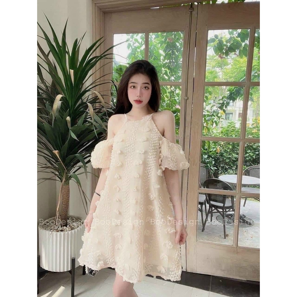 Đầm Thời Trang Nữ Mặc Đi Chơi, Đầm Xô Lông Xốp 2 Lớp Y Hình Tay Búp Trễ Vai