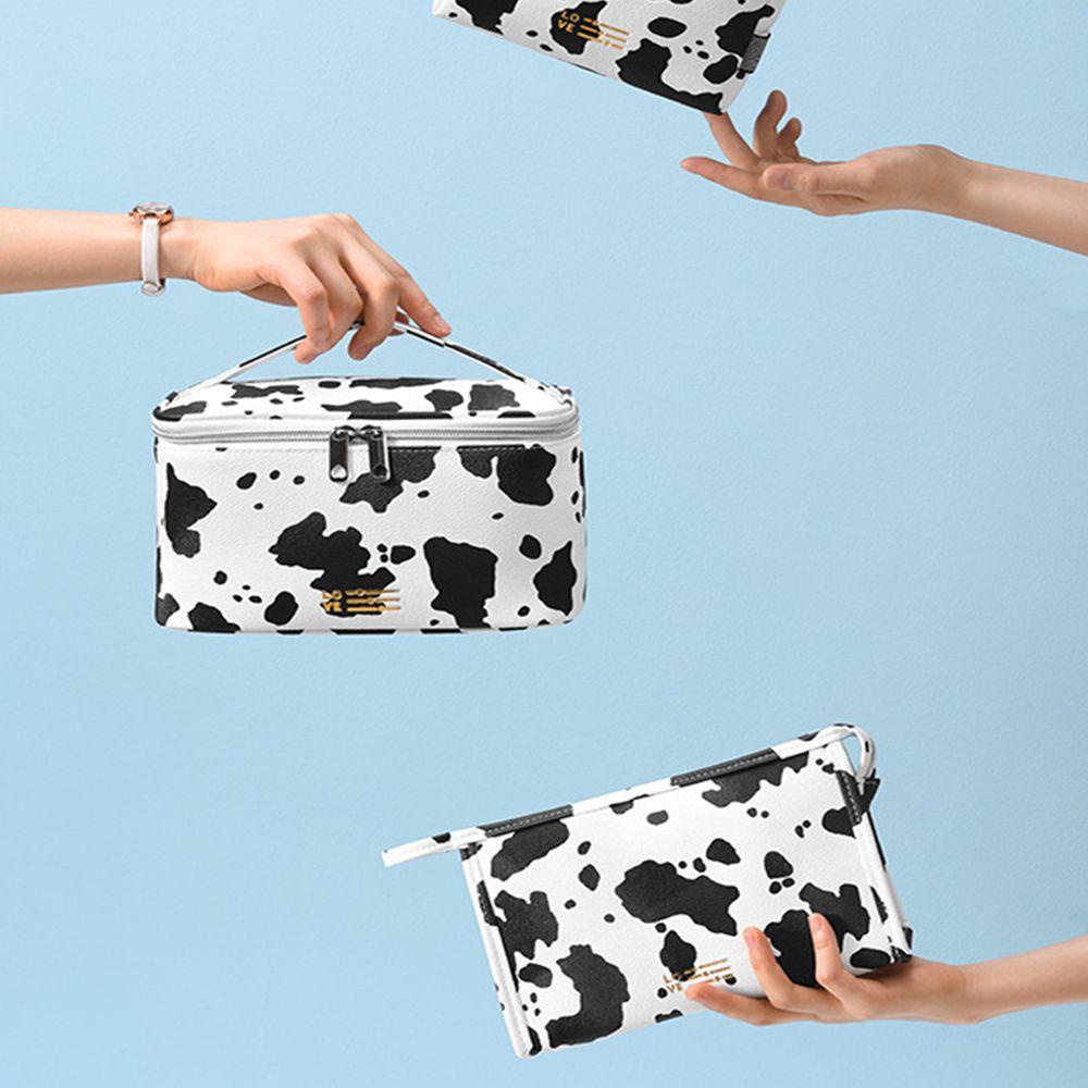OCEANMAP Túi Đựng Mỹ Phẩm Da PU Họa Tiết Bò Sữa Có Khóa Kéo Tiện Dụng Cho Nữ