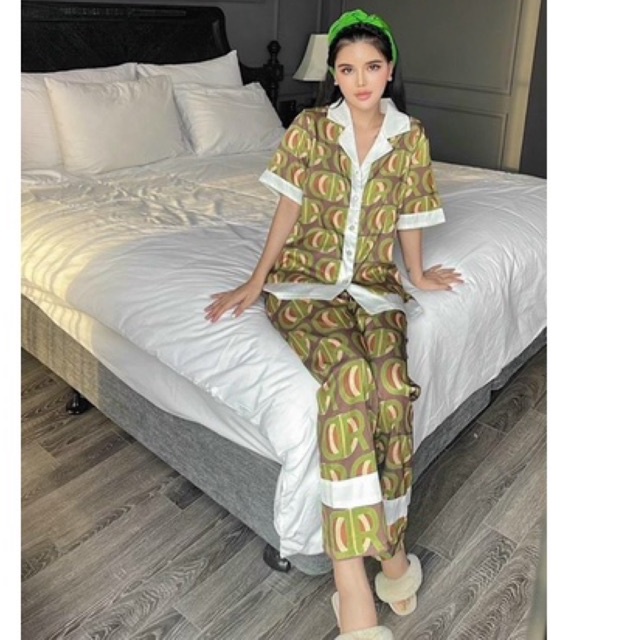 pijama cao cấp lụa xước Quảng Châu tay ngắn xanh xao