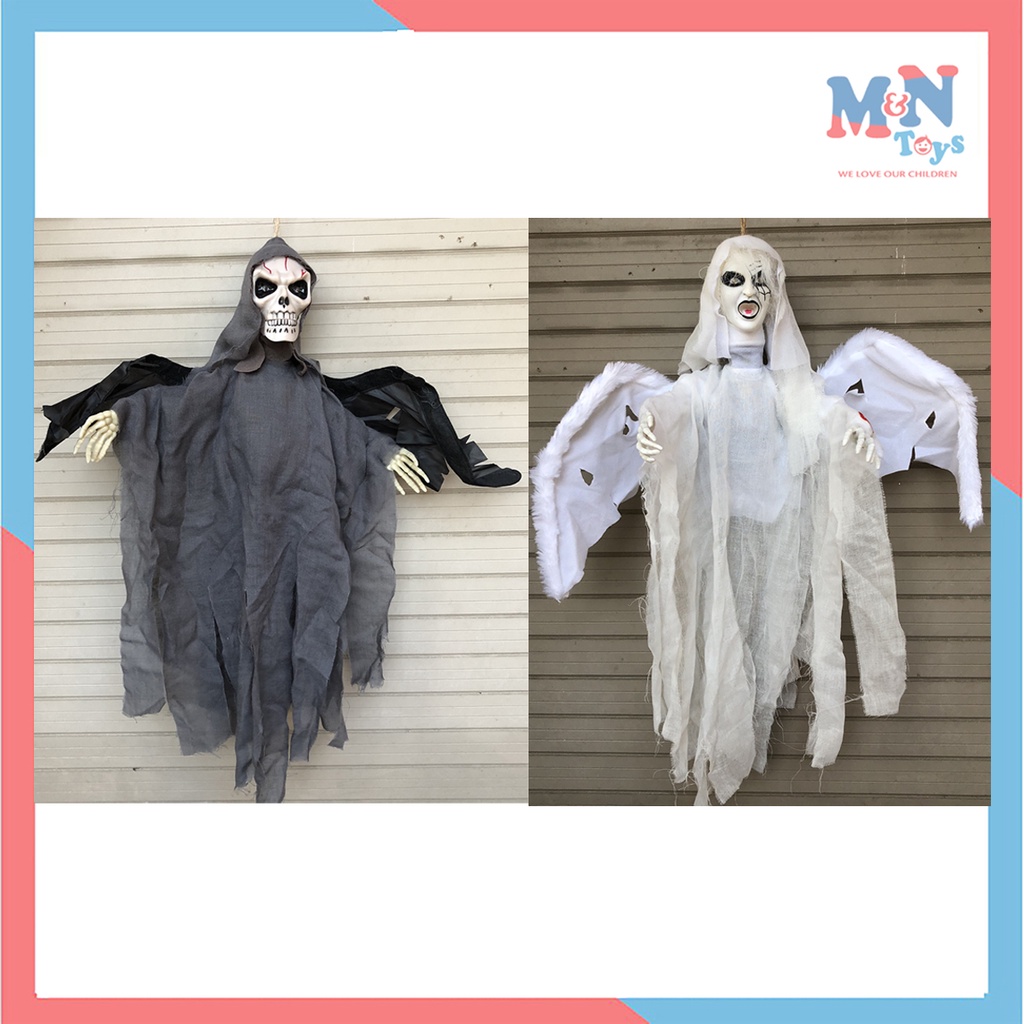Ma dơi đen trắng có đèn mắt, đập cánh và tiếng hú kinh dị trang trí Halloween