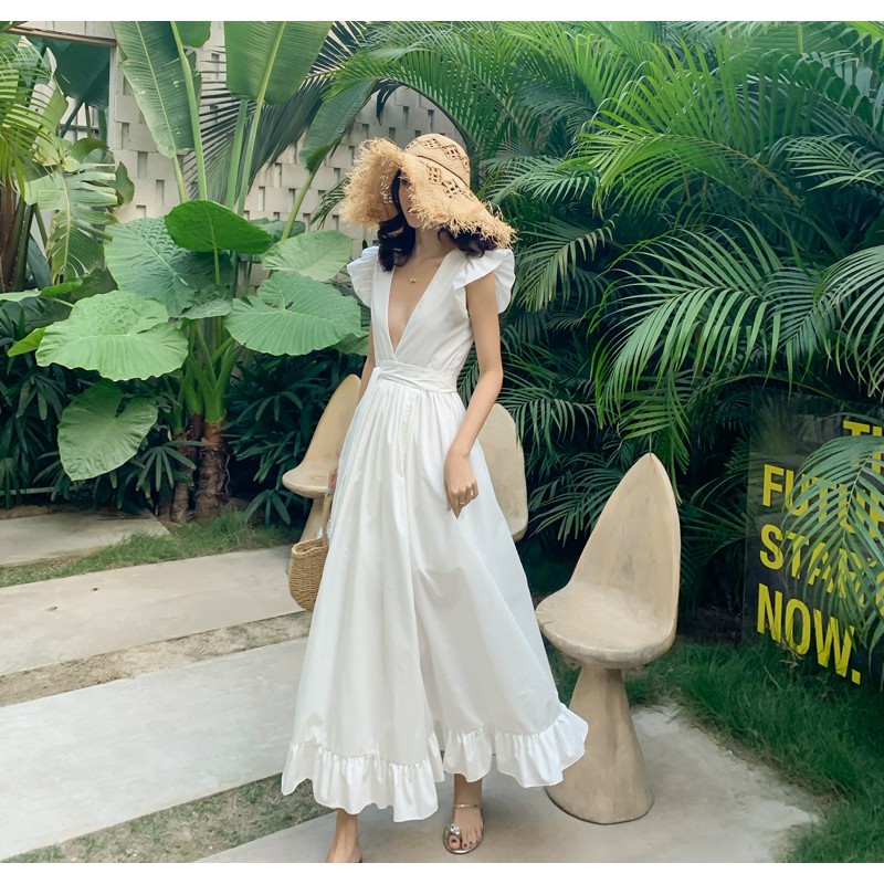 ĐẦM MAXI VÁY MAXI TRẮNG HỞ LƯNG ĐI BIỂN QUẢNG CHÂU | BigBuy360 - bigbuy360.vn