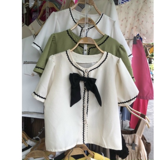 Áo Sơ Mi cổ nơ viền ziczac khuy ngọc tiểu thư 129