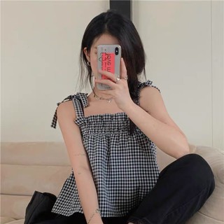 Áo 2 dây buộc nơ kẻ caro đen trắng xinh ulzzang Hàn Quốc [Yannie]