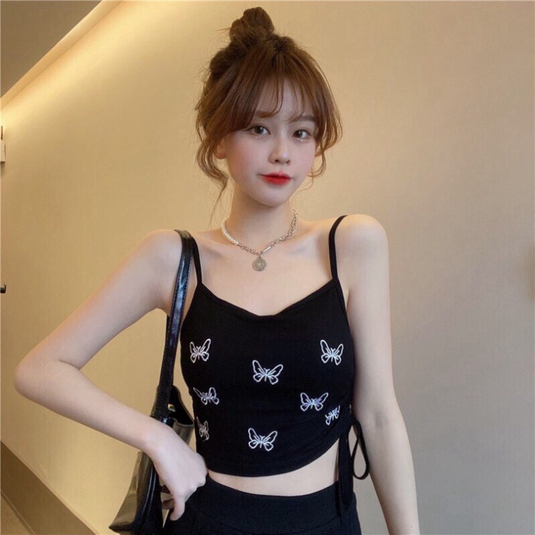 Áo bra 2 dây dáng croptop dây rút sườn hoạ tiết hình bướm có 3 màu đen, ghi, trắng nội y xanh chất đẹp