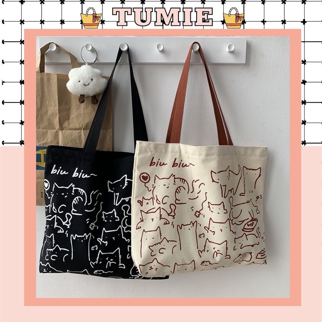 Túi Tote Vải Canvas Đeo Vai Size Lớn In Họa Tiết Mèo Siêu Đáng Yêu