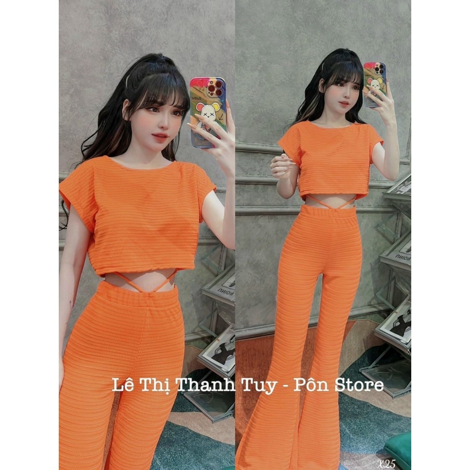 [Set bộ] Set 2 món áo và quần với áo croptop form rộng  kèm quần ống loe lưng cao cực đẹp, chất vải xốp thiêu cao cấp
