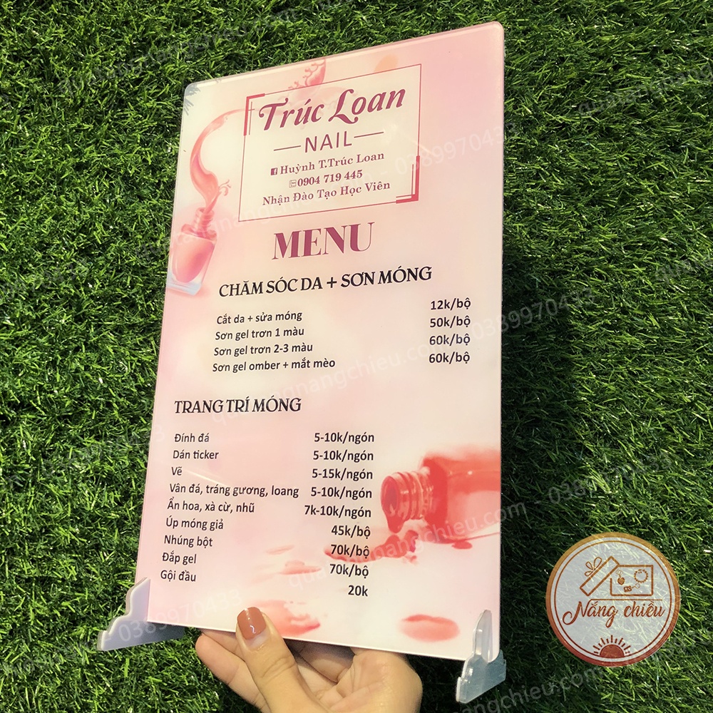 Menu cho tiệm nail, Bảng giá cho thẩm mỹ viện, nail, mi , móng, quán cắt tóc, chất liệu mica sáng bóng