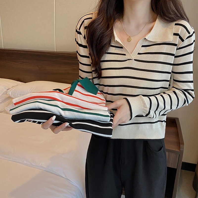 Áo len polo tay dài dệt kim kẻ sọc ngang - Áo thun len dài tay Quảng Châu
