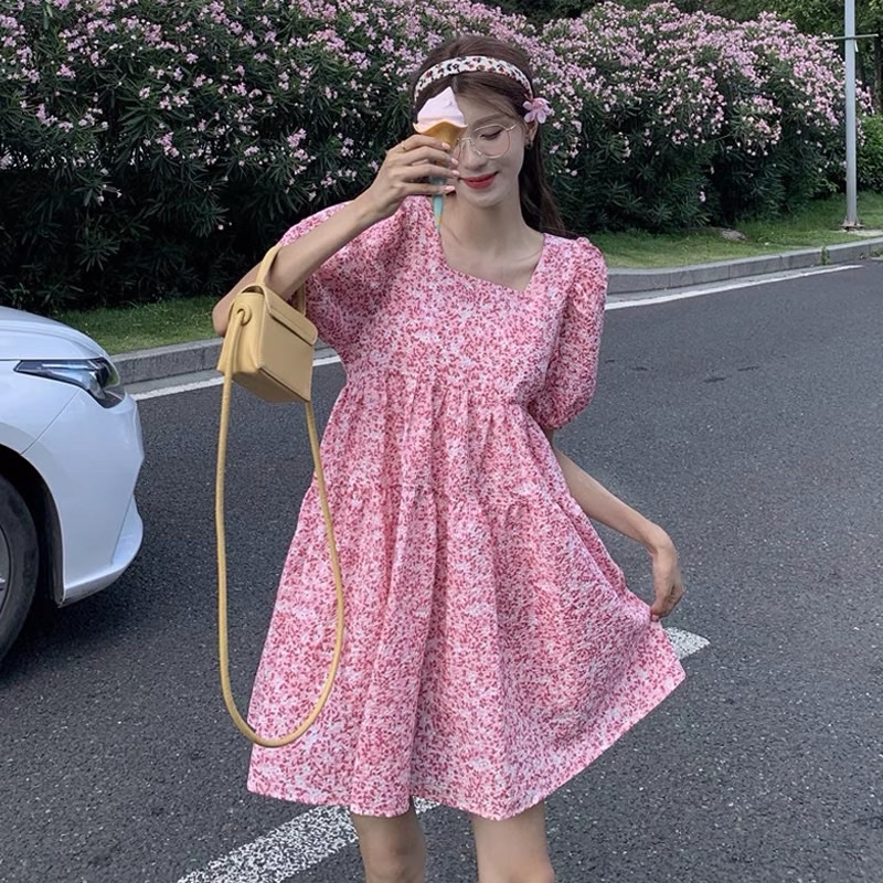 Đầm babydoll hồng - xanh hoa nhí tiểu thư hàng Quảng Châu mùa hè 2021