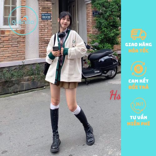 Áo khoác cardigan trắng viền xanh nữ chất nỉ unisex form rộng dài bigsize hàn quốc , học sinh glenda mã 1205