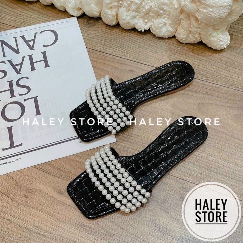 Dép lê đế bệt nữ HALEY STORE mũi vuông da bóng quai ngang đính ngọc xinh hotrend đi chơi đi biển đi trong nhà