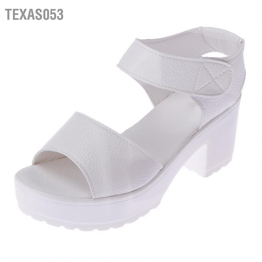 Giày sandal nữ PU khóa dán hai màu đen/ trắng hở ngón