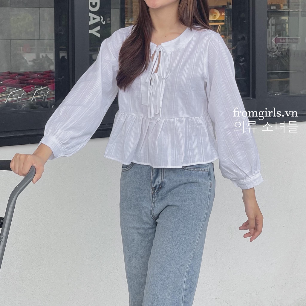 Áo babydoll buộc dây dáng ngắn, áo sơ mi dài tay croptop vạt xòe - SET24