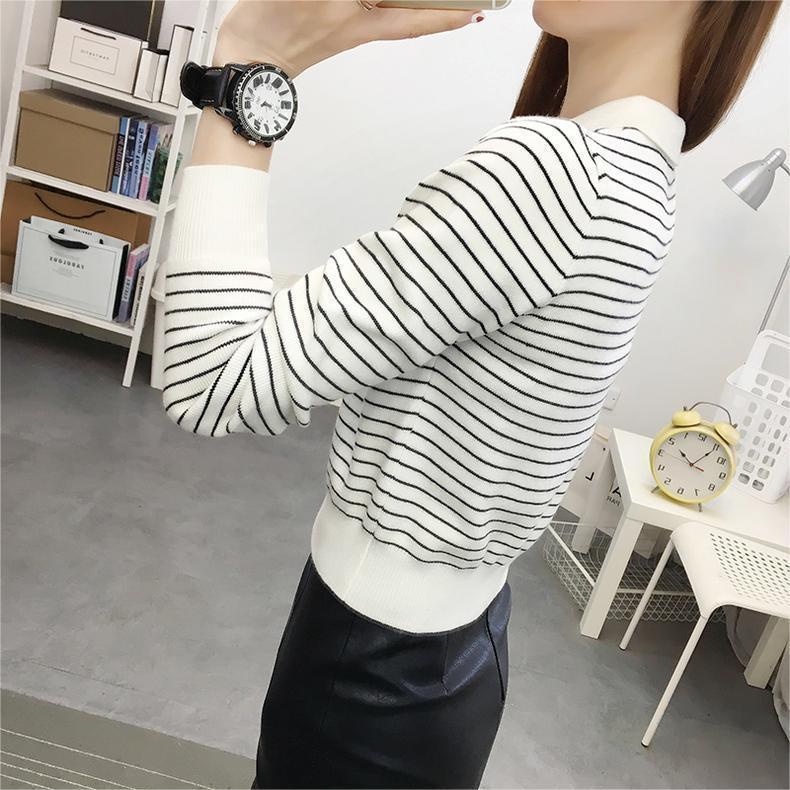 【ZHELIHANGFEI】Áo POLO Dệt Kim Tay Dài Lưng Cao Họa Tiết Kẻ Sọc Dễ Phối Đồ