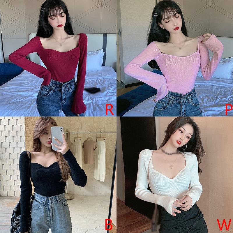 Áo Dệt Kim Tay Dài Cổ Vuông Màu Trơn Dáng Ôm Quyến Rũ Thời Trang Hàn Quốc