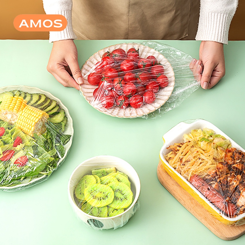Màng bọc thực phẩm AMOS co giãn siêu dai có chun hình gấu túi 100 chiếc