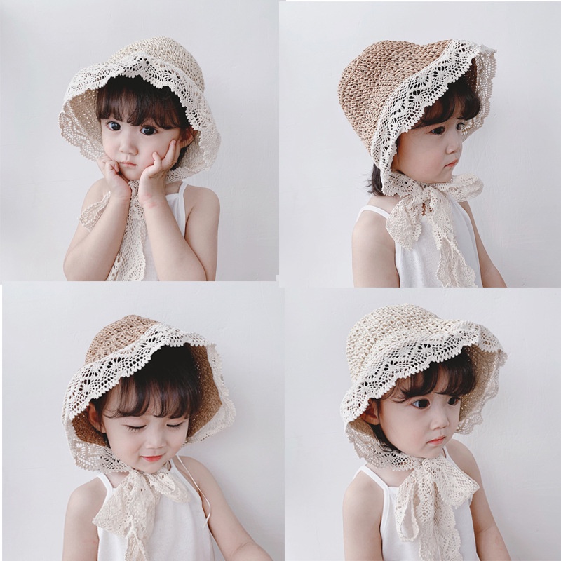 Mũ Cói Phối Ren Chống Nắng Phong Cách Công Chúa Xinh Xắn Cho Bé Gái