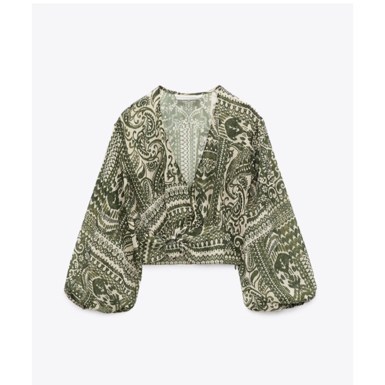 Áo Sơ Mi Zara Cổ Bẻ Cột Dây Dáng Ngắn In Họa Tiết Phối Khóa Kim Loại Thời Trang Mùa Hè4437084