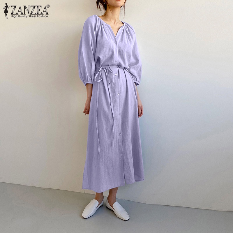 Đầm dài ZANZEA xẻ tà cổ tròn tay lỡ thời trang cho nữ
