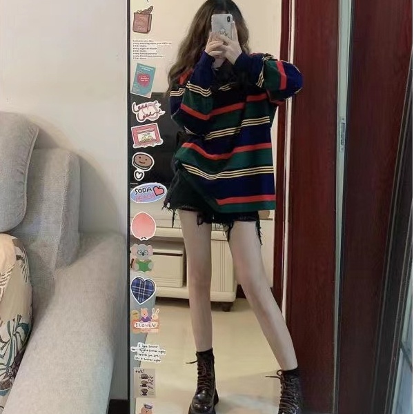 Áo len mỏng Perty kẻ sọc thời trang mới mùa thu phong cách Hàn Quốc cho nữ