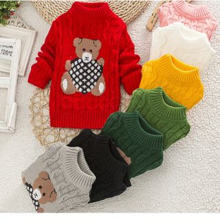 Áo len cổ lọ họa tiết gấu cho bé trai/gái (sẵn hồng, xanh)