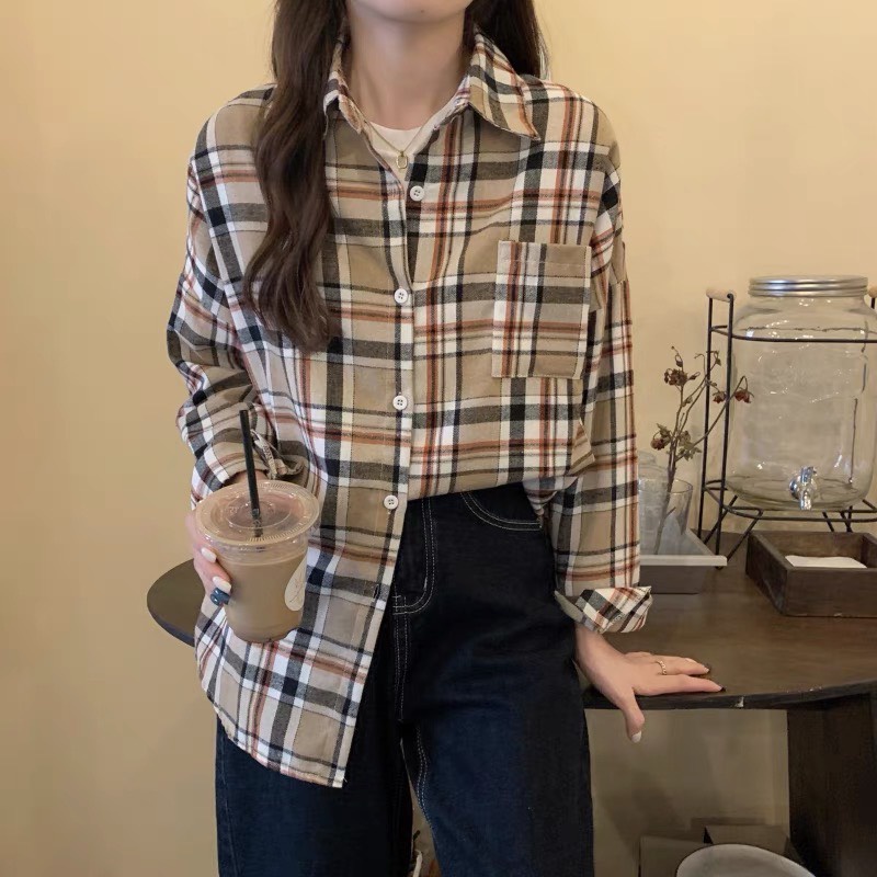 Áo sơ mi nữ form rộng kẻ sọc caro đẹp tay dài hàng Quảng Châu ANDOSA SM14