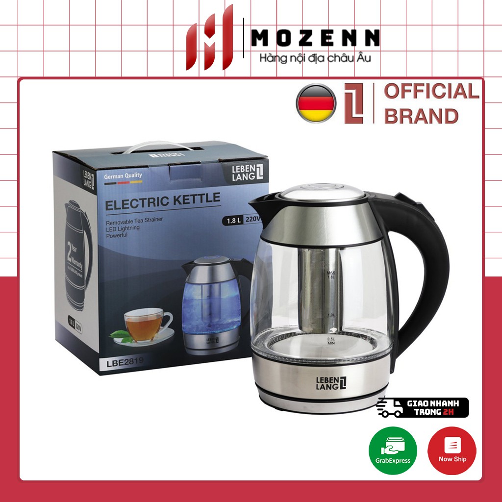 Ấm siêu tốc Lebenlang LBE2819 1,8L - ấm đun nước thủy tinh, lõi lọc tinh khiết [hàng nhập khẩu]