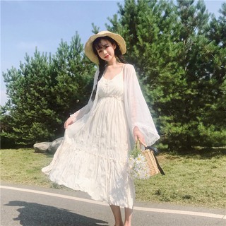 [Hàng order] Váy 2 dây vải đũi dáng dài +áo khoác ngoài vải voan quyến rũ(V103)