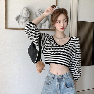 Áo croptop dệt len tay phồng cổ chữ V thời trang cho nữ