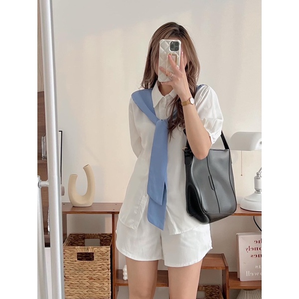 Set áo sơ mi nữ cộc tay may liền khăn dáng rộng chất đũi lụa mịn phong cách Hàn quốc