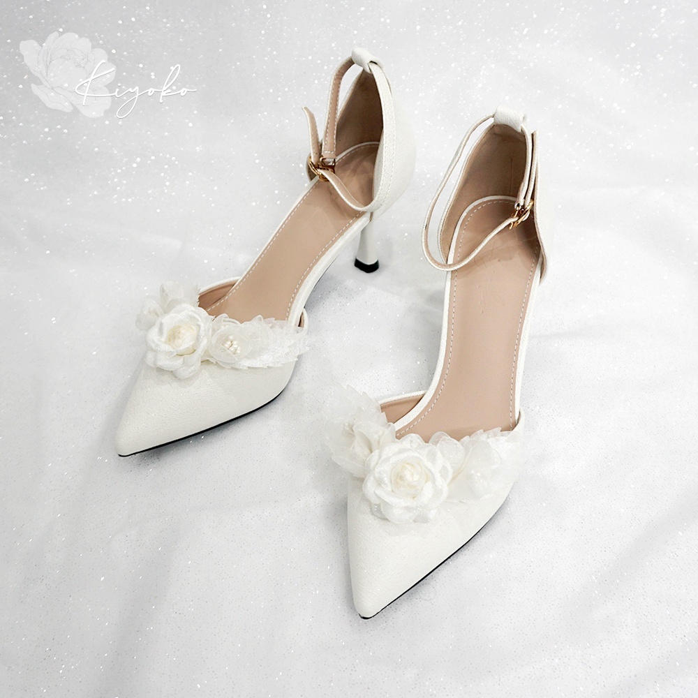 Giày cưới Kiyoko đính nơ xếp tầng cao 7cm có quai