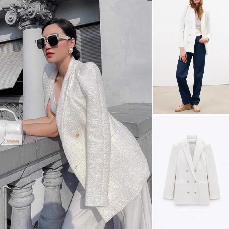 Áo vest dạ tweed trắng hàng xuất hãng cao cấp kèm hình thật