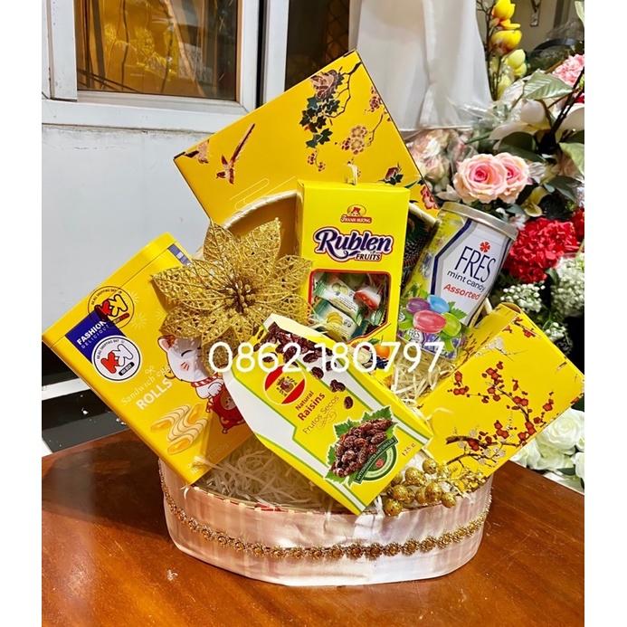 Giỏ Quà Tết không r.ư.ợ.u màu vàng healthy