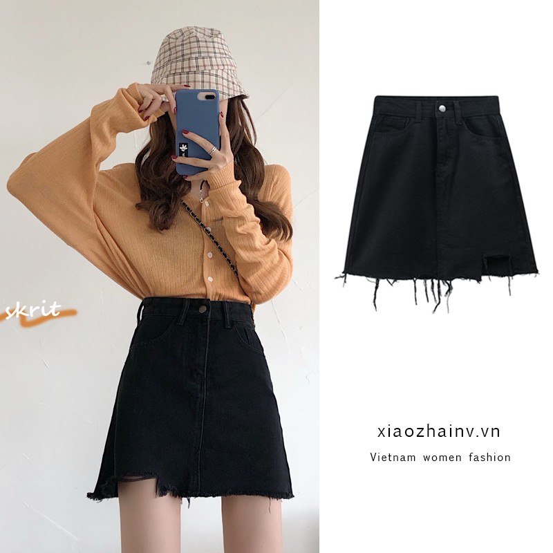 Xiaozhainv Chân Váy Denim Lưng Cao Dáng Chữ A Phong Cách Hàn Quốc Nữ Tính