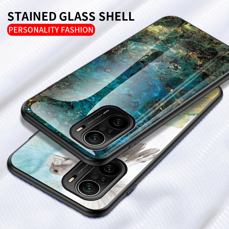 Xiaomi POCO F3 Luxury Marble Grain Hard Tempered Glass Protective Back Cover Case