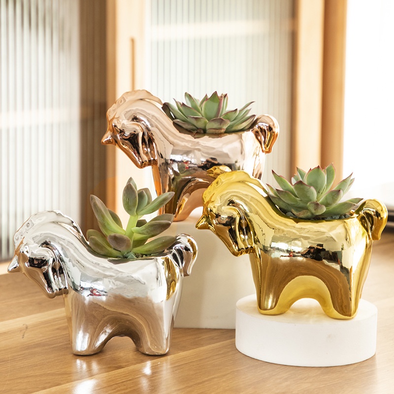 Chậu trồng sen đá cây mini để bàn hình ngựa mạ điện có lỗ thoát nước trang trí để bàn cực xinh