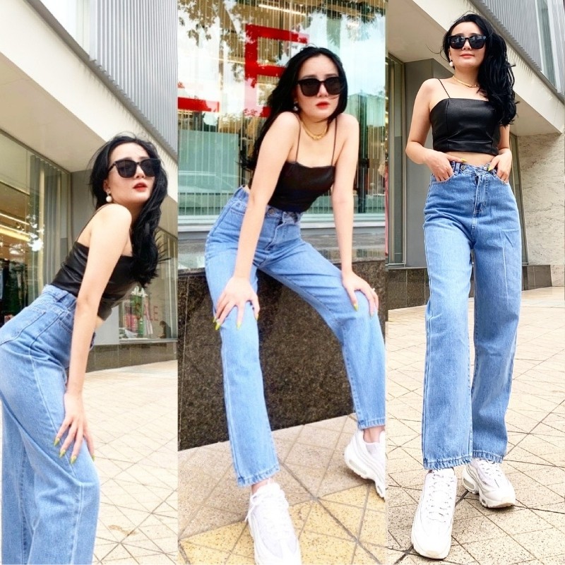 Quần jean nữ ống rộng lưng cao suông trơn nút 7 cúc chất dày đẹp dáng đứng tự nhiên màu xanh đá 2031